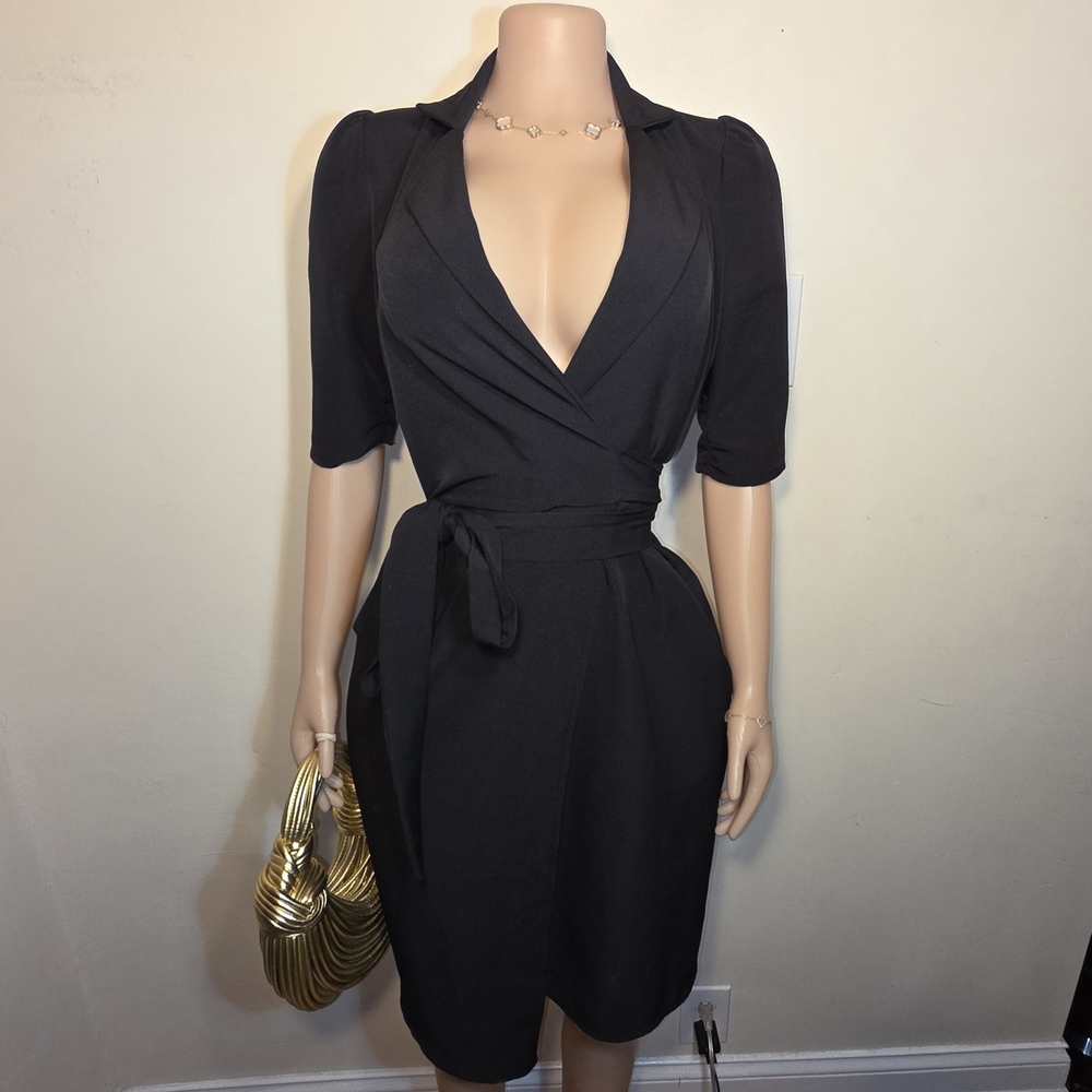 ☆Concept A Trois Black Midi Wrap Dress With Three Quarter Sleeves☆